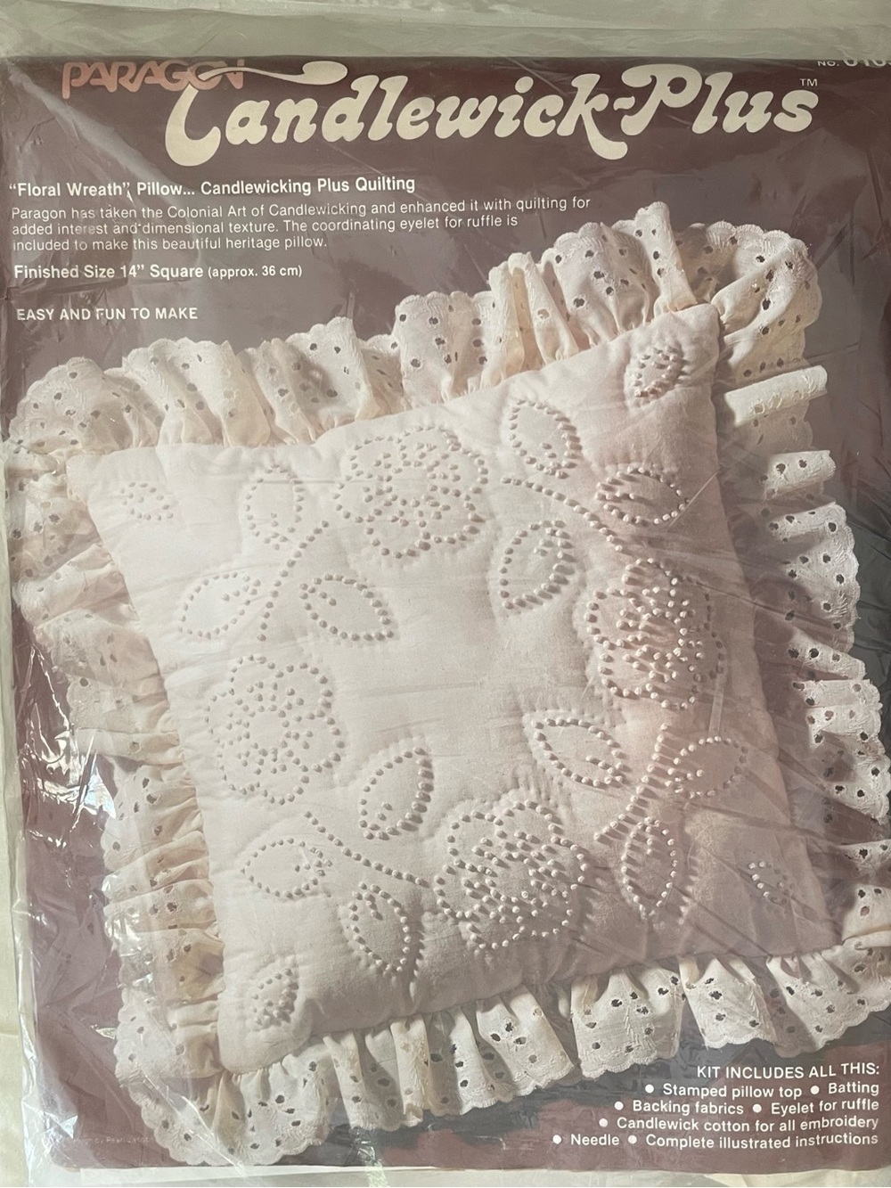Vintage PARAGON Candlewick-Plus Embroidery Floral Wreath Pillow Kit